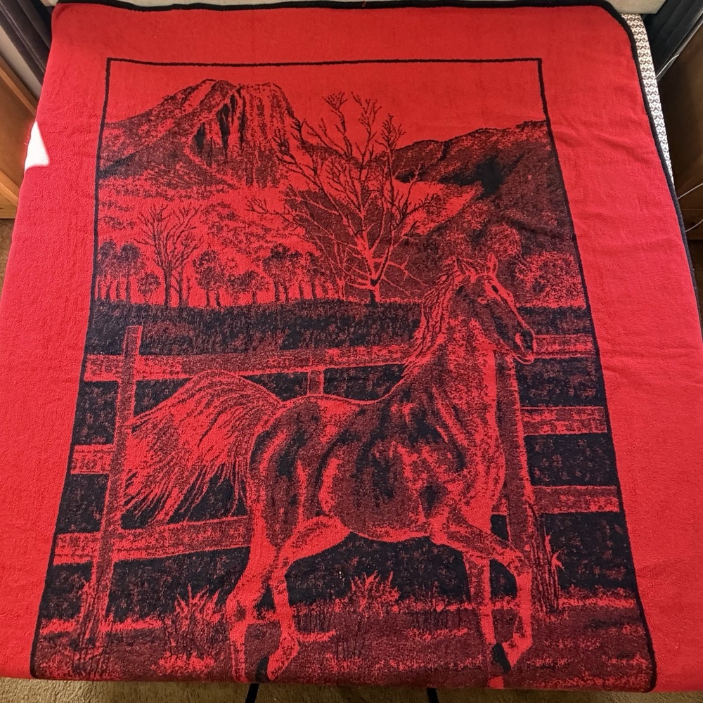 Vintage San Marcos Horse Blanket Black Red Western Ranch Throw 77x92 - Picture 3 of 7